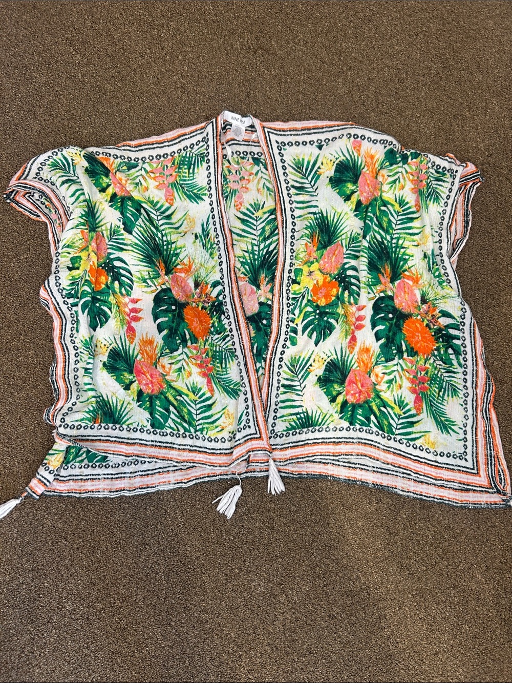 Nine West beach Tropical Floral Open-Front Kimono Tunic - White, Green, Orange-